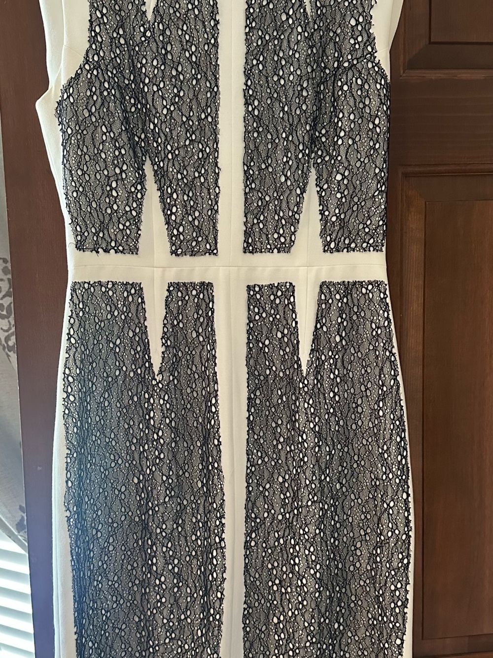 BCBGMaxAzria Black and White Lace Paneled Sheath Dress